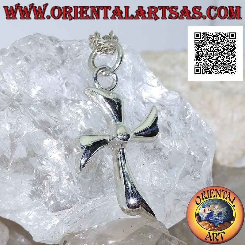 Pendentif en argent, croix latine feuilles en mouvement circulaire avec sphère centrale