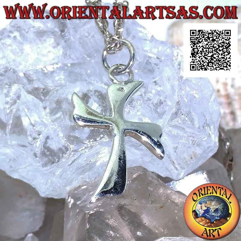 Silver pendant, Latin cross leaves in circular motion with central sphere