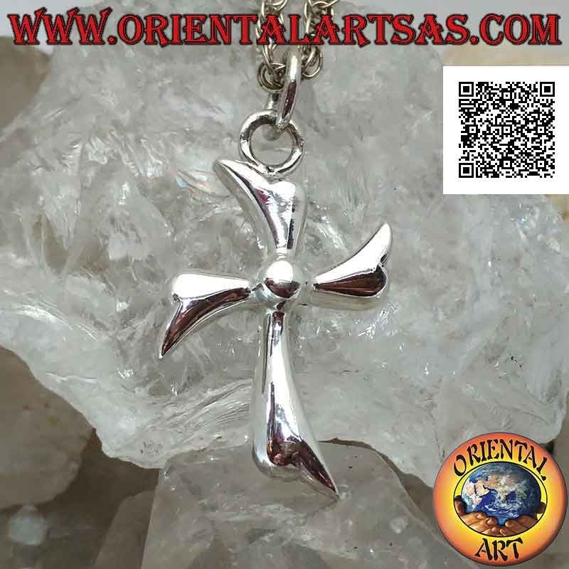 Pendentif en argent, croix latine feuilles en mouvement circulaire avec sphère centrale