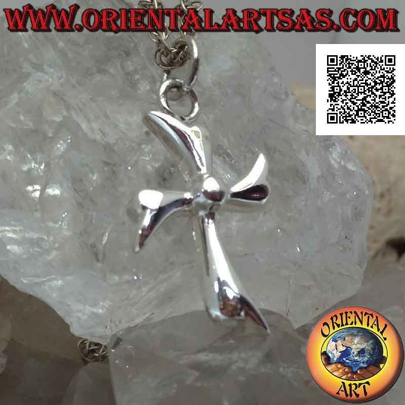 Pendentif en argent, croix latine feuilles en mouvement circulaire avec sphère centrale