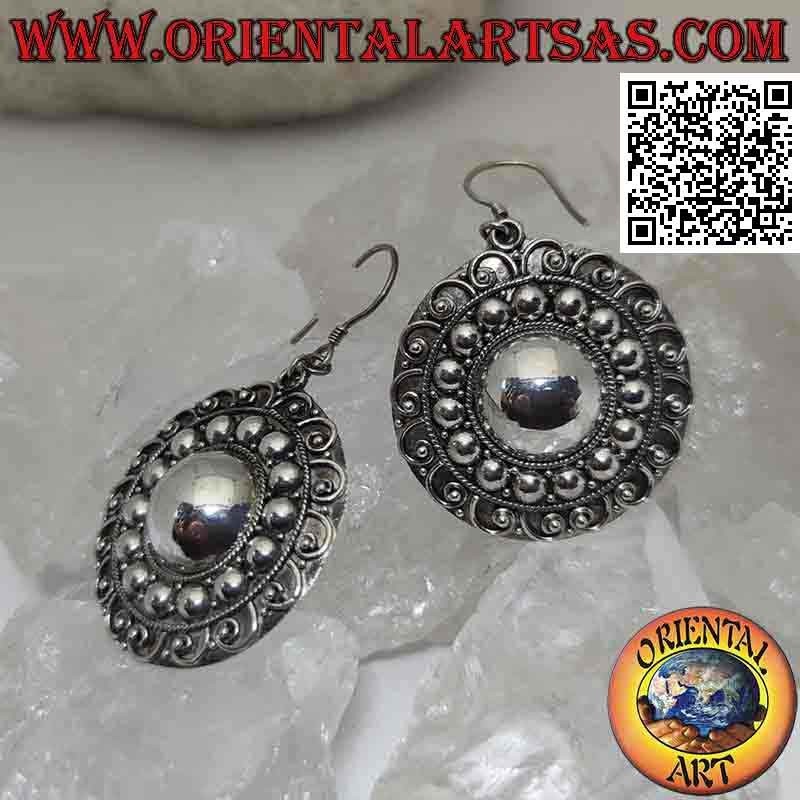Pendant earrings in silver, ethnic rosette with handmade circular motif