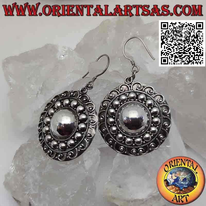 Pendant earrings in silver, ethnic rosette with handmade circular motif