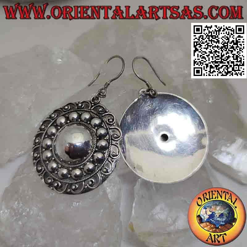 Boucles d'oreilles pendantes en argent, rosace ethnique avec motif circulaire fait main