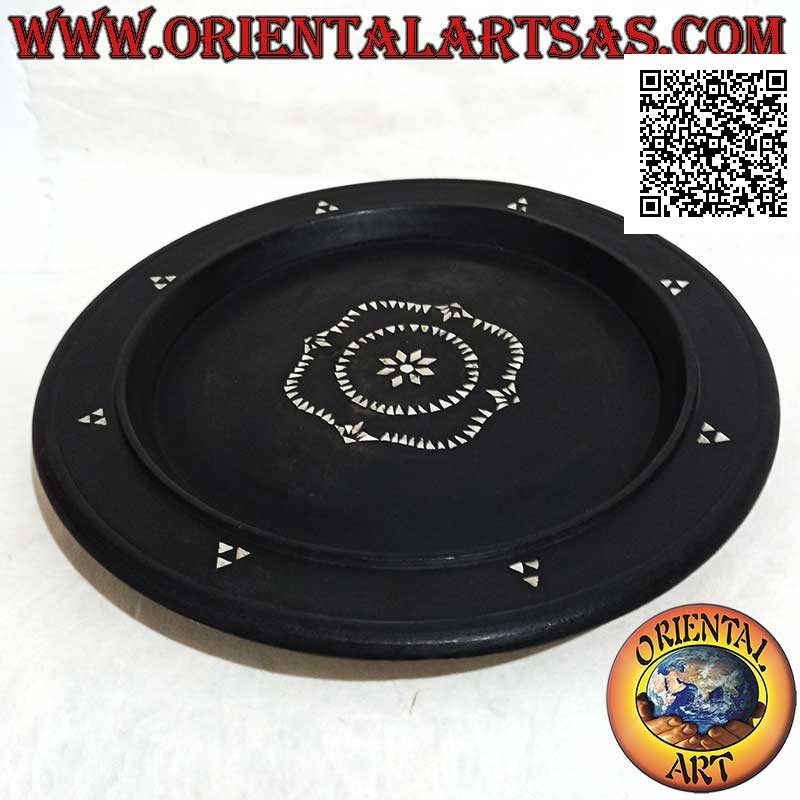 Lombok round tray valet tray in mahogany wood and curved mother-of-pearl inlays 35 cm ø