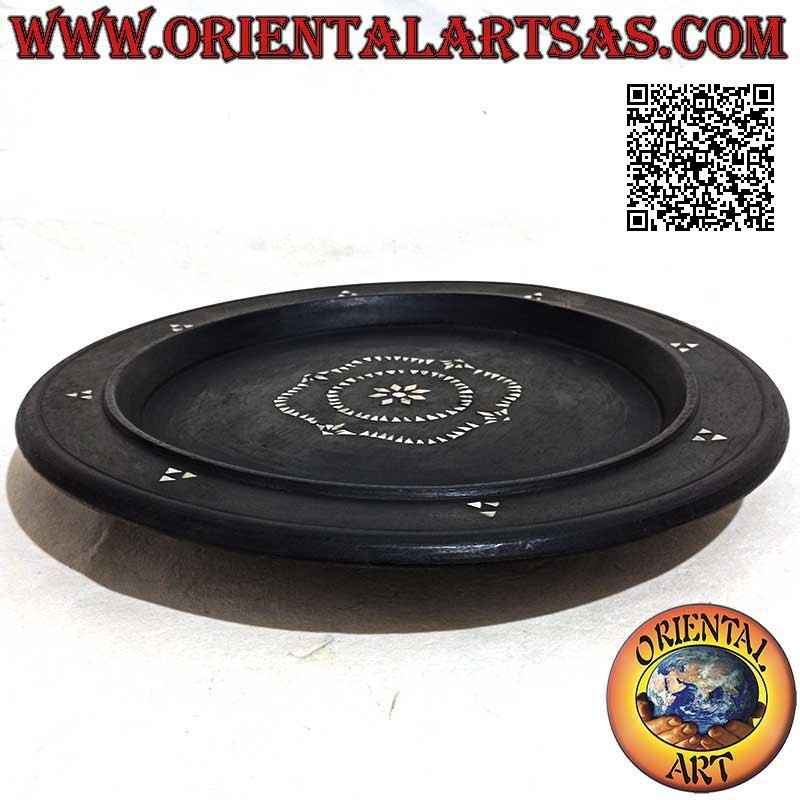 Plateau de service Lombok rond en bois d'acajou et incrustations de nacre bombées 35 cm ø