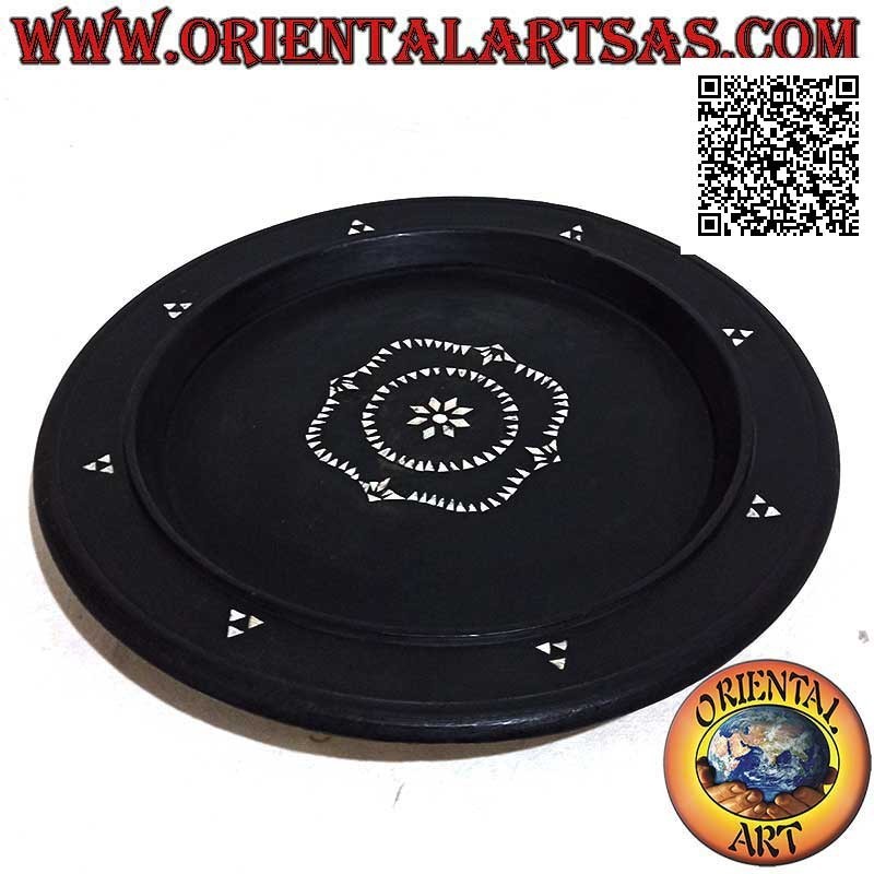 Lombok round tray valet tray in mahogany wood and curved mother-of-pearl inlays 35 cm ø