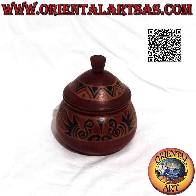 Portagioie tondo con decorazioni tribali dipinte a mano in legno di mogano di Lombok (bordeaux, piccolo)