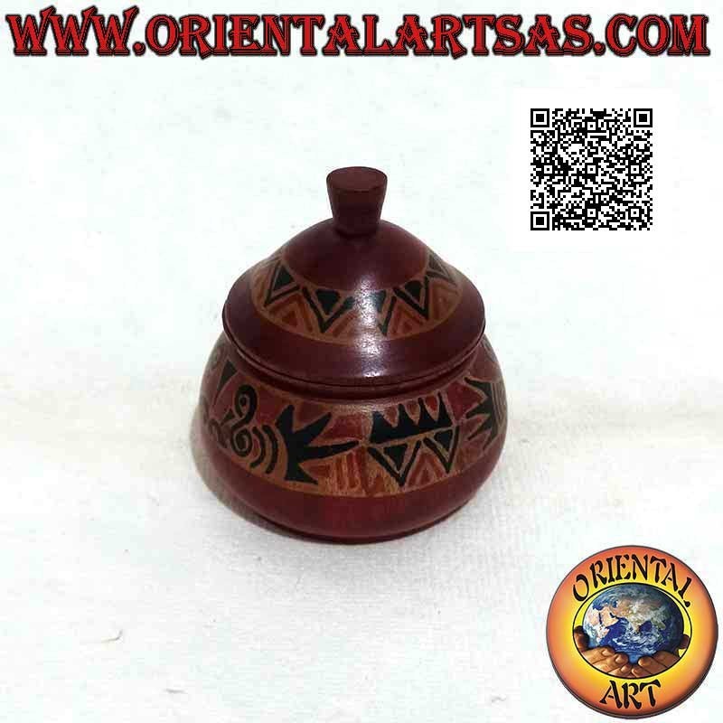 Portagioie tondo con decorazioni tribali dipinte a mano in legno di mogano di Lombok (bordeaux, piccolo)