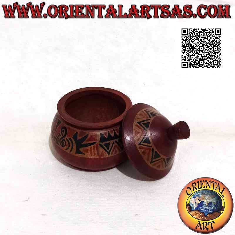 Round jewelry box with hand-painted tribal decorations in Lombok mahogany wood (burgundy, small)