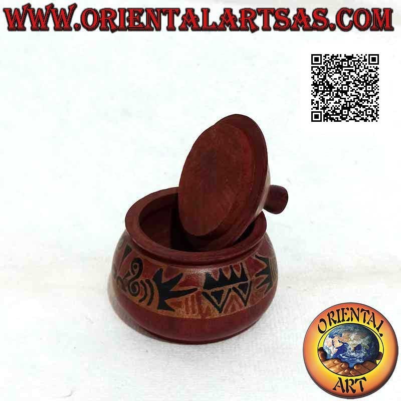 Round jewelry box with hand-painted tribal decorations in Lombok mahogany wood (burgundy, small)