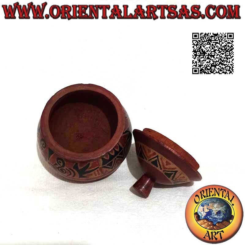 Round jewelry box with hand-painted tribal decorations in Lombok mahogany wood (burgundy, small)