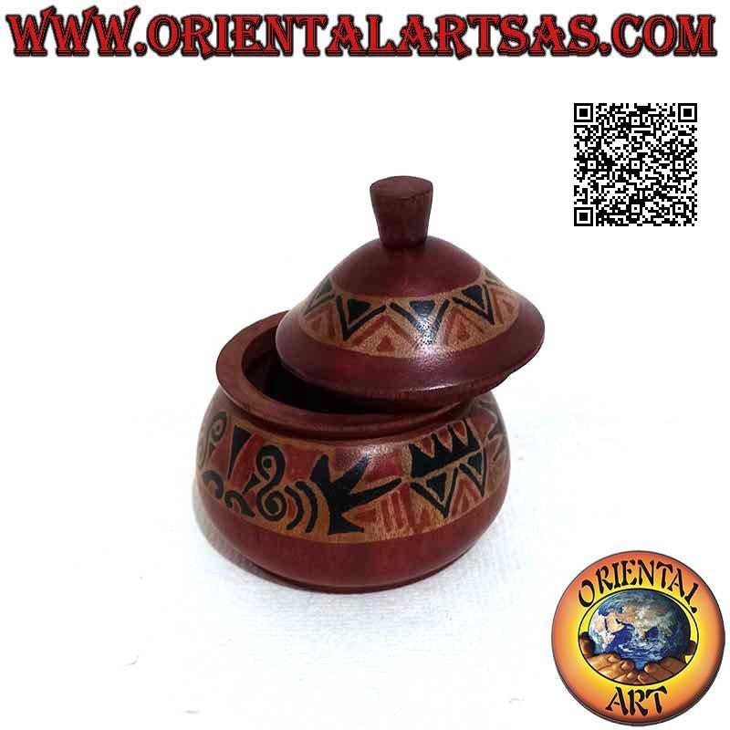 Round jewelry box with hand-painted tribal decorations in Lombok mahogany wood (burgundy, small)