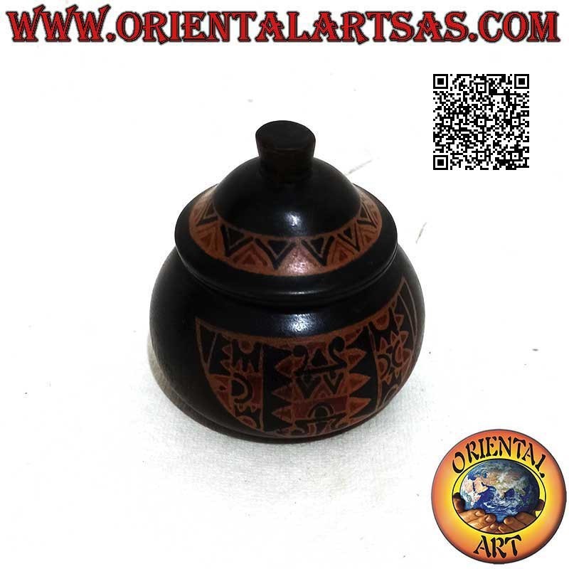 Portagioie tondo con decorazioni tribali dipinte a mano in legno di mogano di Lombok (nero, piccolo)