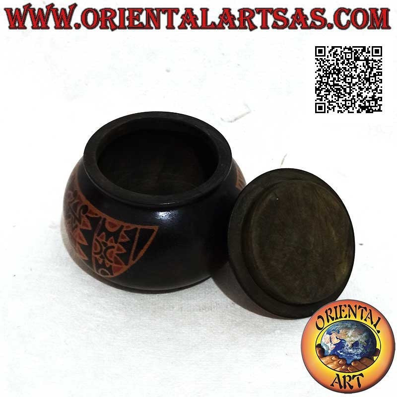 Round jewelry box with hand-painted tribal decorations in Lombok mahogany wood (black, small)