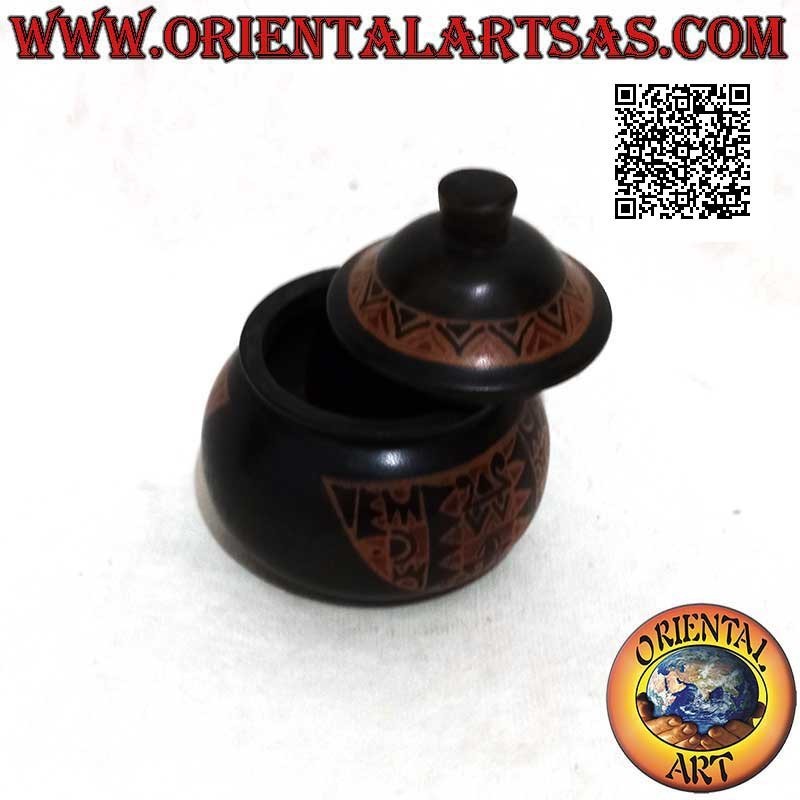 Portagioie tondo con decorazioni tribali dipinte a mano in legno di mogano di Lombok (nero, piccolo)