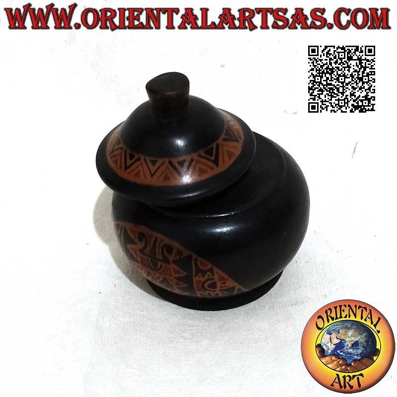 Boîte à bijoux ronde avec décorations tribales peintes à la main en bois d'acajou de Lombok (noir, petit)