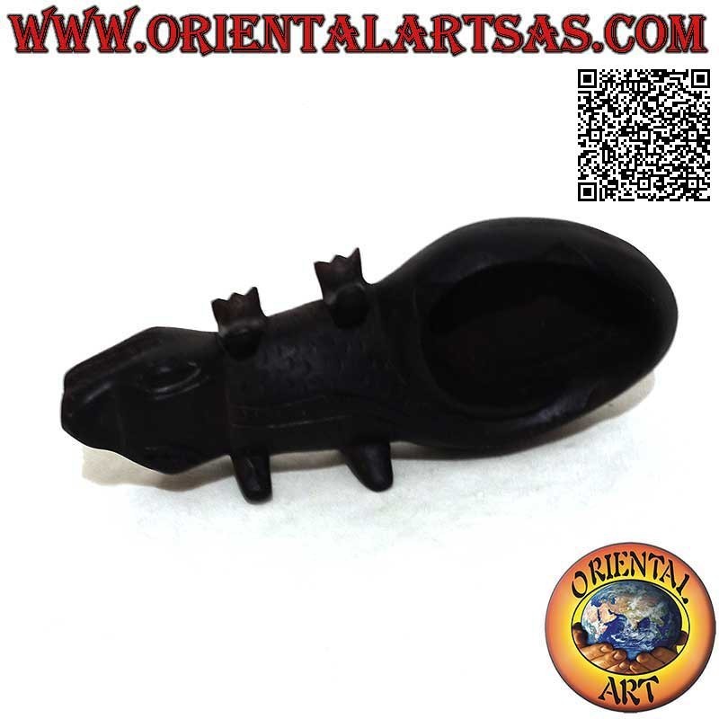 Ashtray in the shape of a reptile (Komodo dragon) in dark mahogany wood (cup on the left)