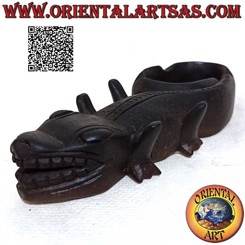 Aschenbecher in Form eines Reptils (Komodo-Drache) aus dunklem Mahagoniholz ​​(Tasse links)