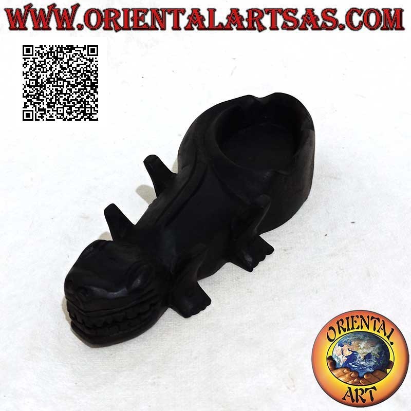 Ashtray in the shape of a reptile (Komodo dragon) in dark mahogany wood (cup on the right)