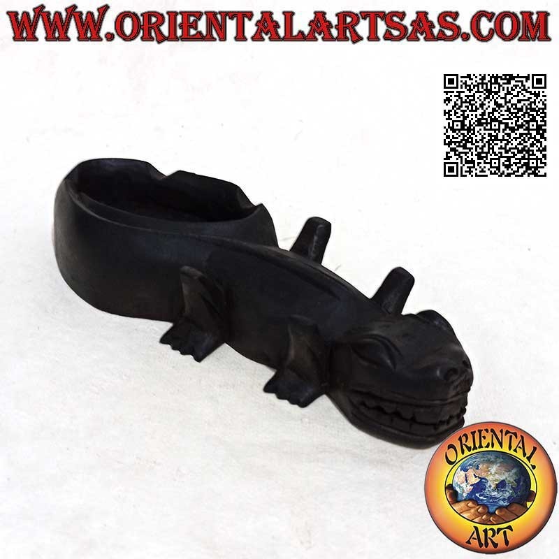Ashtray in the shape of a reptile (Komodo dragon) in dark mahogany wood (cup on the right)