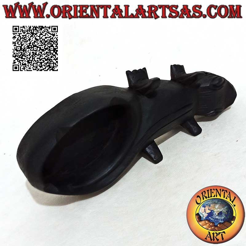 Ashtray in the shape of a reptile (Komodo dragon) in dark mahogany wood (cup on the right)