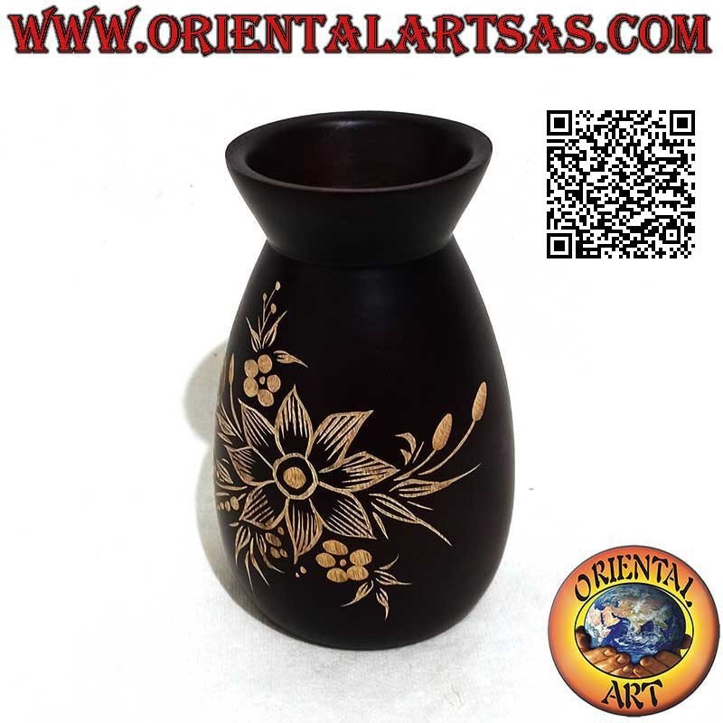 Vase à fleurs en bois d'acajou avec grande fleur de 15 cm gravée à la main