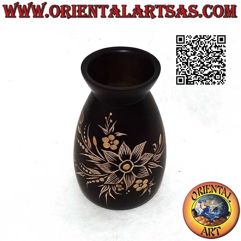 Flower vase in mahogany wood with large 15 cm hand engraved flower