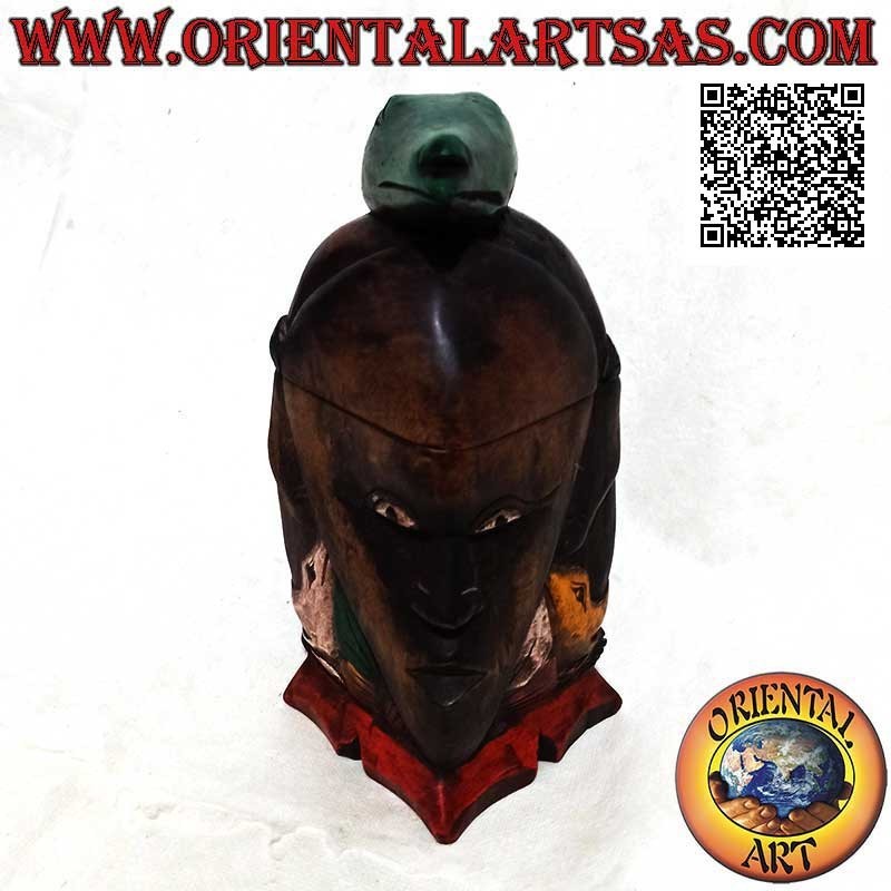 Parallelepiped box in the shape of a native's head with a lizard on top, carved and hand painted (Lombok)