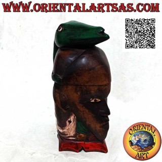 Parallelepiped box in the shape of a native's head with a lizard on top, carved and hand painted (Lombok)