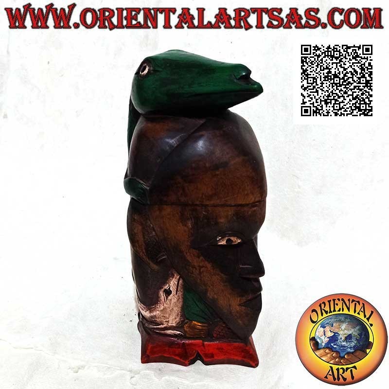 Parallelepiped box in the shape of a native's head with a lizard on top, carved and hand painted (Lombok)