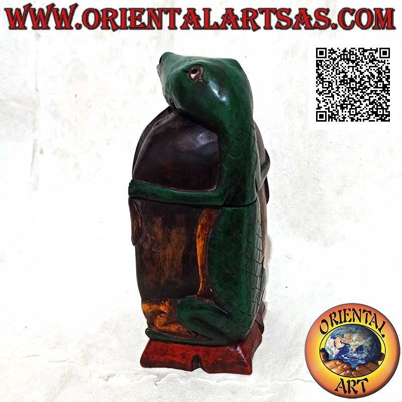 Parallelepiped box in the shape of a native's head with a lizard on top, carved and hand painted (Lombok)