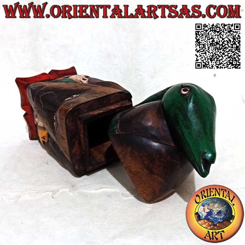 Parallelepiped box in the shape of a native's head with a lizard on top, carved and hand painted (Lombok)
