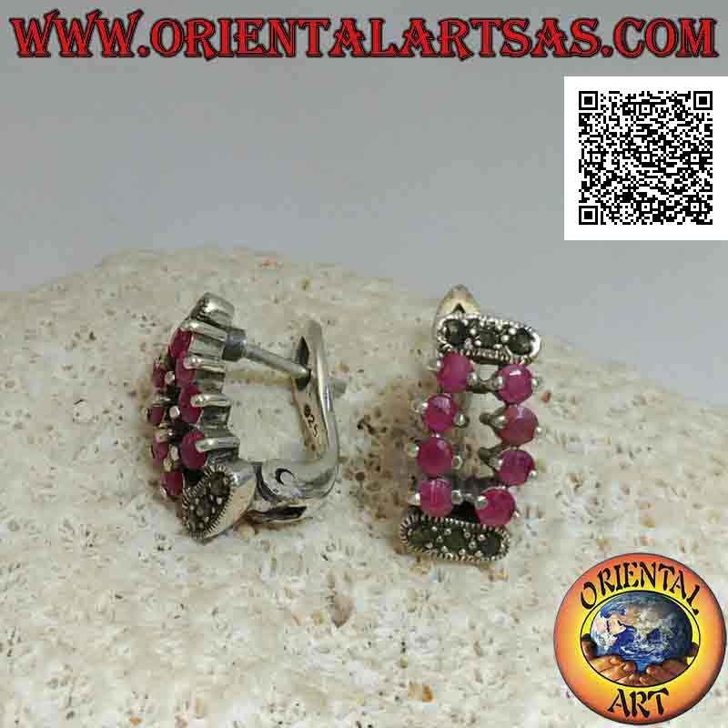 Silver earrings, openwork rectangle of 8 set round rubies and marcasite (lever lock)