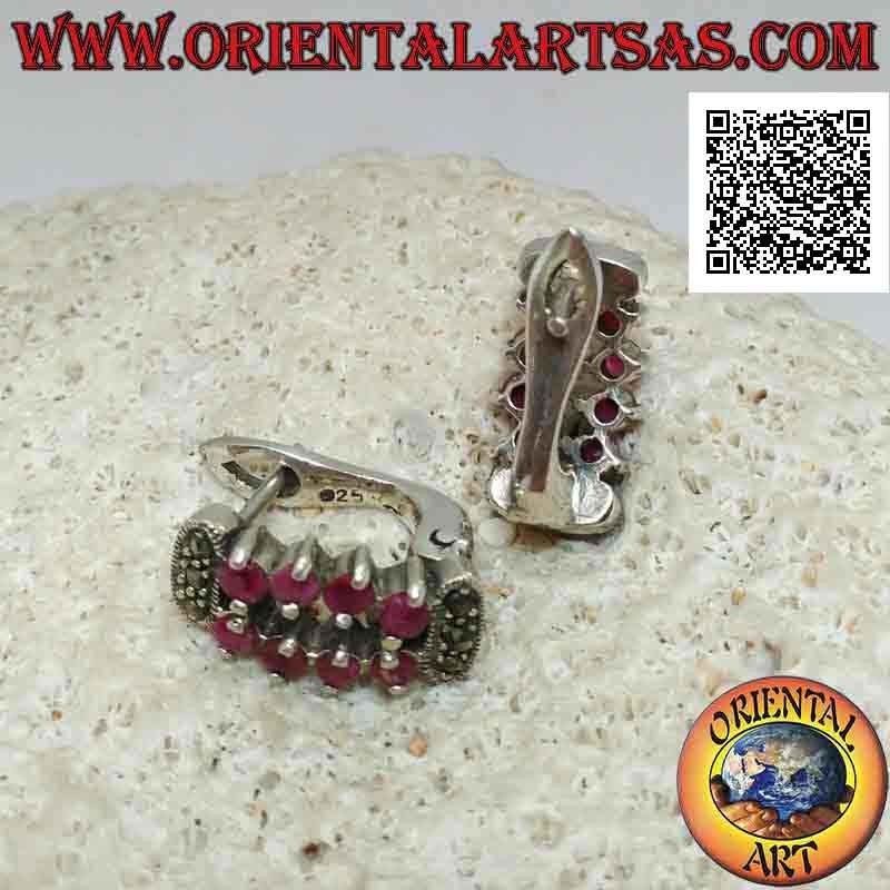 Silver earrings, openwork rectangle of 8 set round rubies and marcasite (lever lock)
