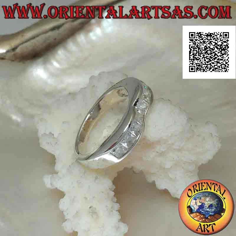 Smooth band silver ring with two humps and a row of white zircons on the front