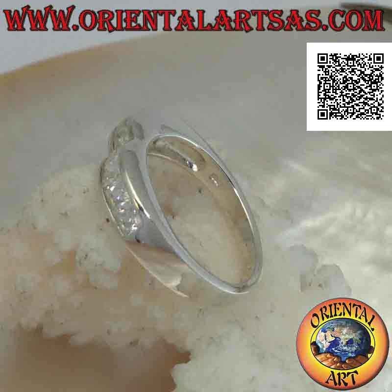 Smooth band silver ring with two humps and a row of white zircons on the front