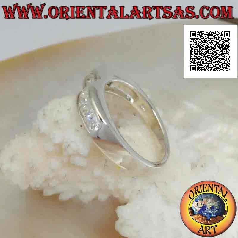 Smooth band silver ring with two humps and a row of white zircons on the front