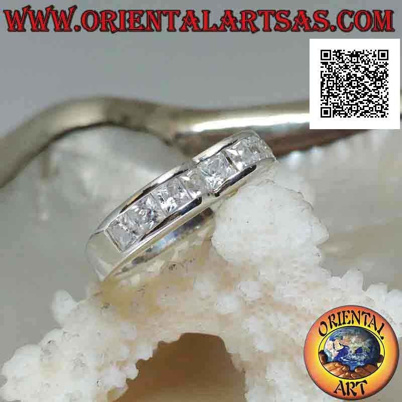 Smooth band silver ring with two humps and a row of white zircons on the front