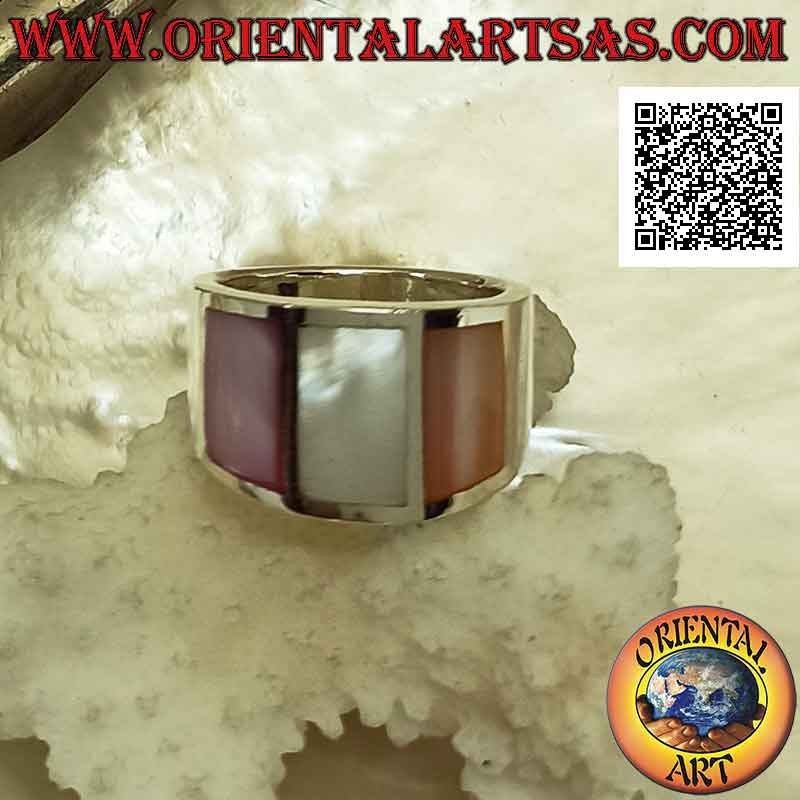 Silver ring with smooth band with three multicolour mother-of-pearl set flush (3)