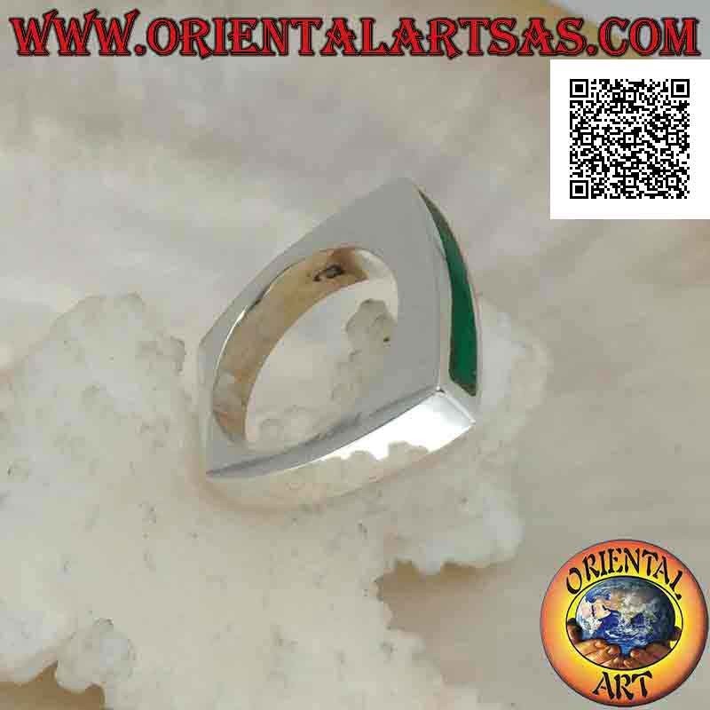 Smooth silver ring with long and narrow horizontal rectangular green agate on square frame