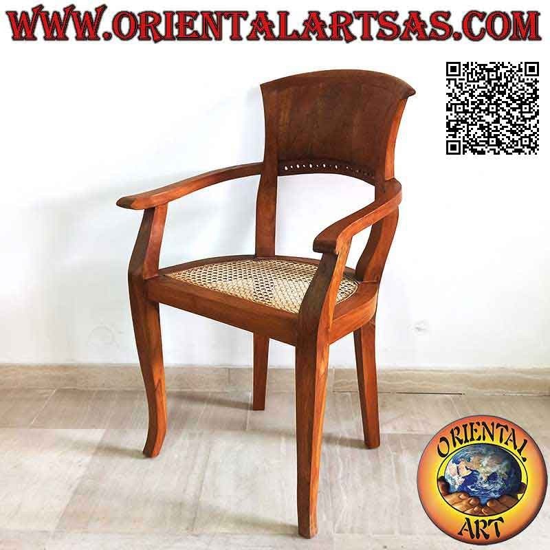 Sillón con reposabrazos en Italia de estilo barroco en madera de teca y asiento en paja de Viena