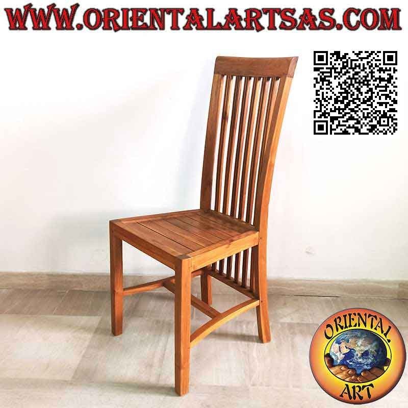 High-back chair with parallel vertical striped bands in teak wood