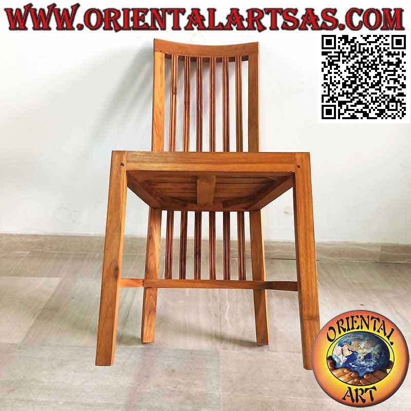 High-back chair with parallel vertical striped bands in teak wood