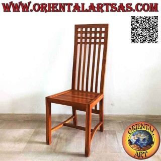 High-back chair with parallel vertical bands and squares on top, in teak wood