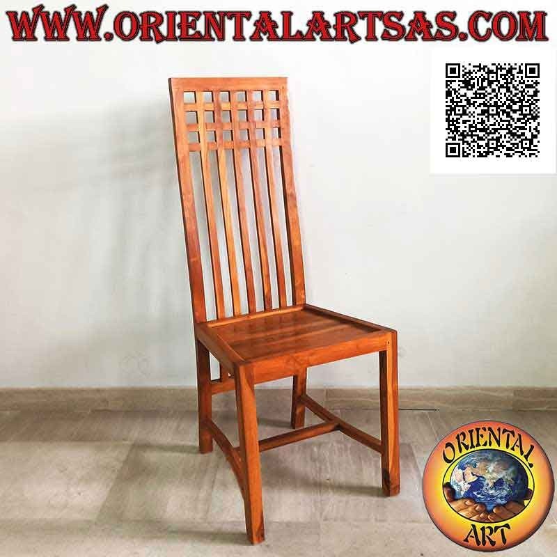 High-back chair with parallel vertical bands and squares on top, in teak wood