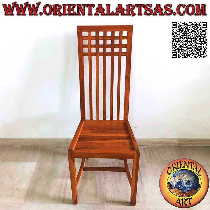 High-back chair with parallel vertical bands and squares on top, in teak wood