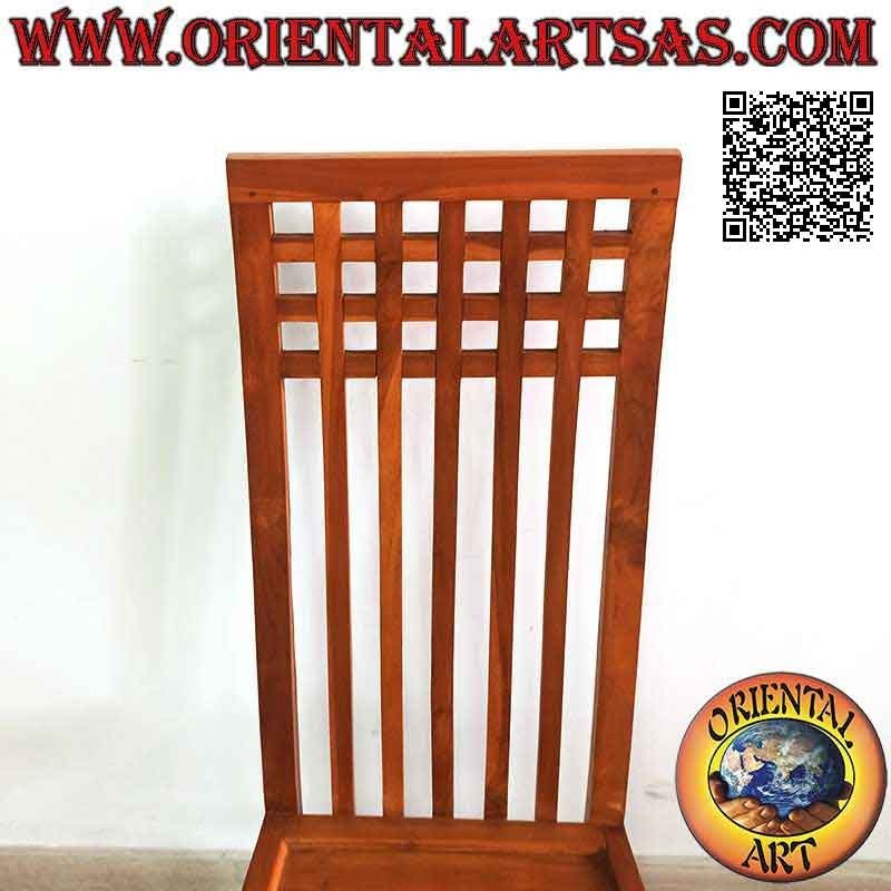 High-back chair with parallel vertical bands and squares on top, in teak wood