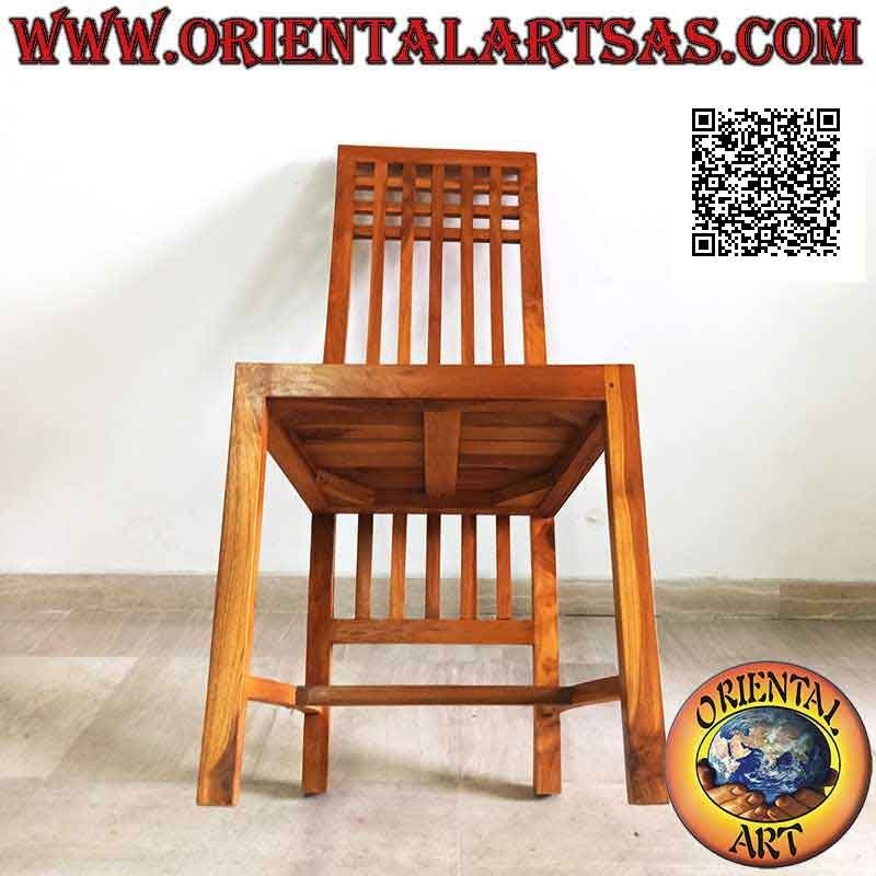 High-back chair with parallel vertical bands and squares on top, in teak wood