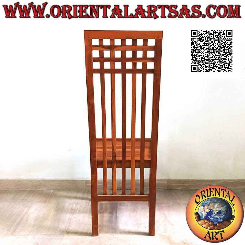 High-back chair with parallel vertical bands and squares on top, in teak wood
