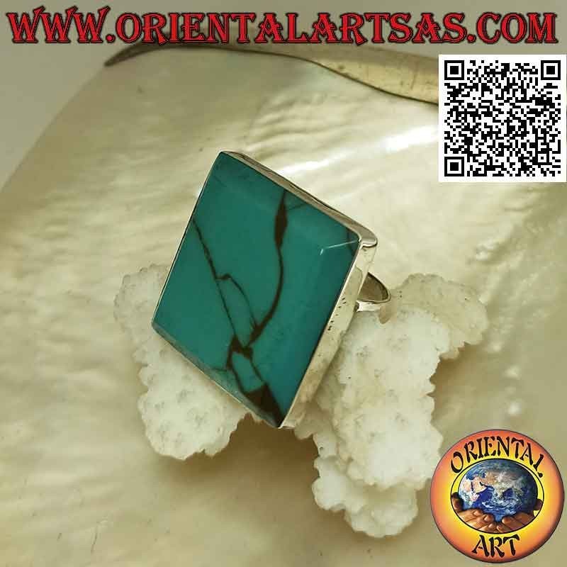 Anello in argento con turchese quadrato a filo bordo liscio (regolabile)